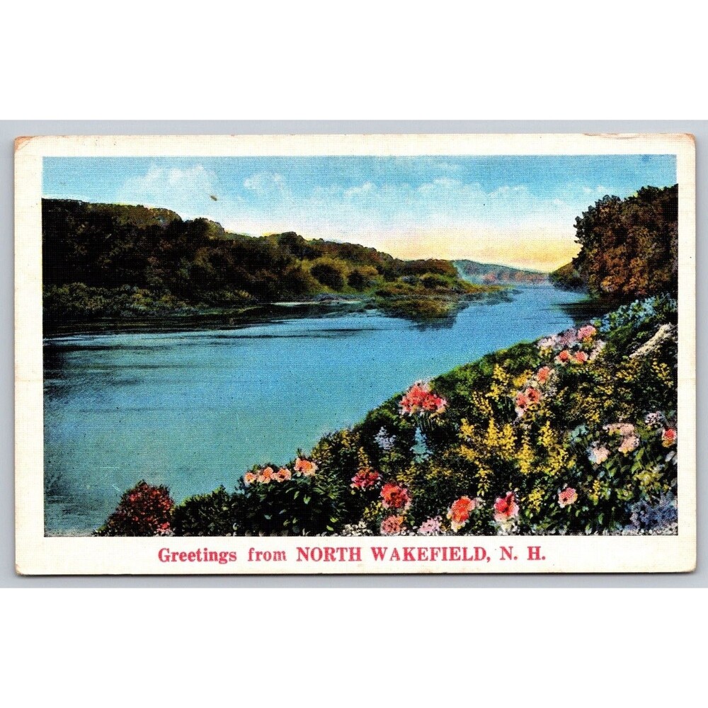 Vintage Postcard greetings from North Wakefield NH River Landscape NYCE Linen